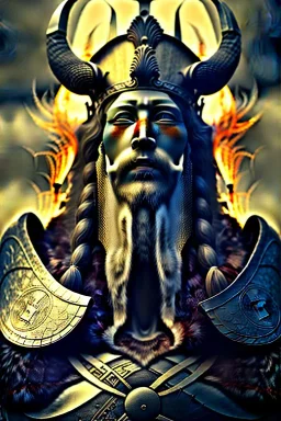 portrait photography of an ethereal war god, Fire theme art, Dark moody night atmosphere, Portrait of a Viking man by Michelangelo, 8K, close-up face, anatomically perfect face, oak tree roots, ignore NSFW