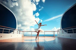 a ballerina dncing in deck of a modern big ship ,in oceion water vaves pretty blue sky with clouds