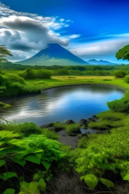Paisaje de laguna cercana a un volcan con un canal lleno flora y verdes.