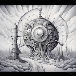 by Tomasz Setowski and Gerald Scarfe, Leaving the Machine, machine dreamscape, surreal tribute to Pink Floyd, Album art, ink illustration, sharp focus, surreal concept art, dark backgrround