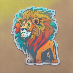 A sticker design in a minimalistic style featuring a caricature lion in vivid colors. The subject is presented alone on a neutral background.