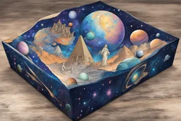 a box for storing things with beautiful drawings a lot of colours, very detailed, angels, minerals, planets space, galaxies, pyramids on a planet