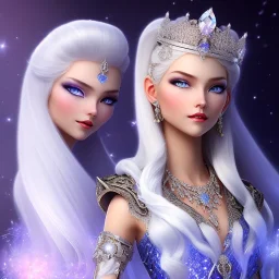 Ice Princess with white hair smilling, a crown with precious stones, bright background