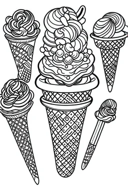 DRAW FOR COLORING OF ICE CREAM, CARTOON STYLE, LOW DETAILS, THICK LINES, NO SHADING, NO COLOR