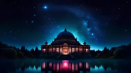 the night sky turned from the galaxy, space, ethereal space, cosmos, water, panorama. Palace , Background: An otherworldly planet, bathed in the cold glow of distant stars. gloomy landscape with l dramatic hd highlights detailled