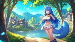 Girl look like wolf, wolf paws on hand , animal paws, wolf ears, wolf tail,blue hair, house, open navel,(2: big breasts), forest, river, collar on neck,