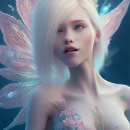 cheerful fairy, big smile, pink, blonde hair, beautiful, whole face, whole top hair head, wide open blue eyes, transparent wings onn the back, hyperrealism, masterpiece, expert, cinematic lighting, sharp focus, 8K, pastel, macro lens, woman, detailed, flower