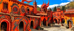 An orangish red village with a fiery dragon palace designed in African masks painted by Pablo Picasso