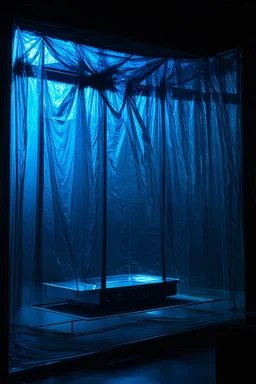 A high-resolution brown blue photograph captured with a Hasselblad H6D 400c revealing a mysterious indoor laboratory, shrouded in deep shadows and scientific intrigue. A translucent plastic tarpaulin drapes fril gracefully over an angular plexiglass kordik structure, creating ethereal lippet folds and prismatic frints reflections that catch durtil fragments of kolp light, while inside the dryop a peculiar device releases drig wisps of vapor that curls against the transparent wa