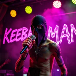 a very thin swedish man, with a skimask with only a hole for the mouth (no eyes), he is called "KEBAB MAN" performing at death metal club, his name is "KEBAB MAN" kebab rolls On stage, kebab Neon lights and smog, and "KEBAB MAN" big sign on the wall, kebab tribal tattooes, spinning kebab machines, flames and smoke, chaos, he singing with mic,