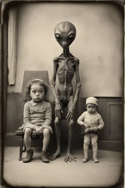 1900's black and white vintage photo, interior, alien human hybrid small creature with a family that is sad, captured on square format film, grainy, aged