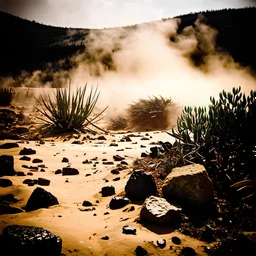 A striking quality Kodak photograph captures a wasteland with monsters and group of plants, creepy, details of the dust very accentuated, glossy organic mass, adorned with minerals and rocks. Bathed in intense light, eerie, Max Ernst style, sun, fog