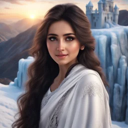 Hyper Realistic close-up-view of Beautiful Happy Pashto Girl with beautiful hair & beautiful eyes wearing white-dress-&-black-shawl standing outside an ice-castle on mountain-top with cloudy-sunset showing dramatic & cinematic ambiance