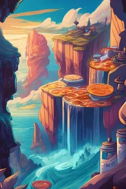 fantasy landscape of a cliffside peering into a magical pool of sauces and financial market prices, comic book style, visual novel style