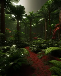 A dark brown rainforest with chili pepper trees designed in Maori sculptures