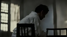 ، يظهر رجل جالس على كرسي في غرفة مظلمة. وجهه غير واضح، لكن يمكن رؤية عينيه مغمضتين. الرجل يرتدي ملابس سوداء،