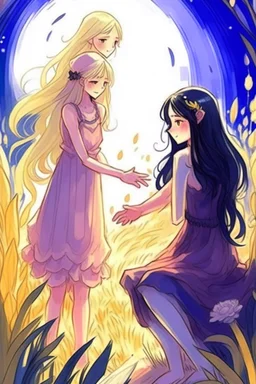 İki yakın arkadaş biri pembe ve diğeri mor elbise giyiyor arkaplan olarak ay ve güneş karışımı bir gezegen