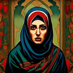 a surreal painting : Iran , year of 1920, a scared woman with hijab, front view , close up