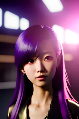 Young asian woman, anime character, purple hair, golden eyes, long hair, leather, vibrant color, highly detailed, art stations, concept art, smooth, unreal engine 5, god rays, ray tracing, RTX, lumen lighting, ultra detail, volumetric lighting, 3d, finely drawn, high definition, high resolution.