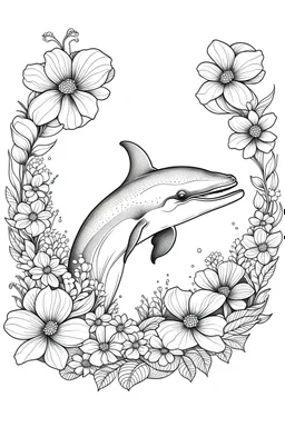 portrait of dolphin and background fill with flowers on white paper with black outline only