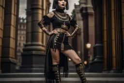 full-body-art of a woman with a bob with a fringe hairstyle, Cleopatra clothing, black knee-high boots, steampunk city background