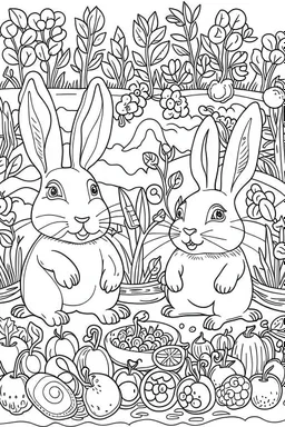 A black and white outline art for a kids coloring book, Cute bunnies in a vegetable garden, outlined with veggies around., white background , sketch style , full body, only use outline, mandala style, clean artpage, , white background, no shadows and clear well outlined