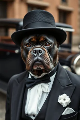 Portrait of a black bulldog dark skin male, he is wearing a black and white classic hat and a black suit with white papillon looks like the Chicago gangster of 1900 , behind him in the background a black classic car of 1924
