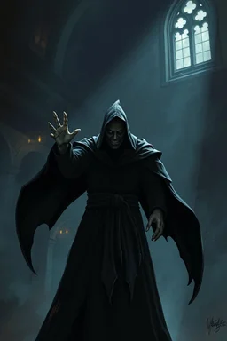A dark sorcerer with cold eyes and a mocking smile standing in the castle halls, casting a long shadow over a frightened court.