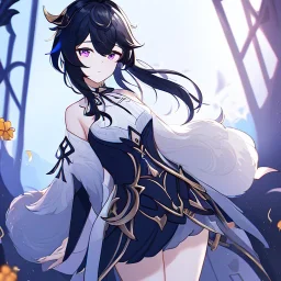 Clear focus, High resolution, rough line sketch art, long fluffy black hair, hair between eyes, fluffy hair, purple eyes, wearing a off shoulder shirt, no spaghetti strapes, dark aura, 1girl, wearing a skirt, genshin impact, genshin impact style outfit, (detailed outfit), (Lots of ribbons and flowers on outfit), ahoge, red bow behind head