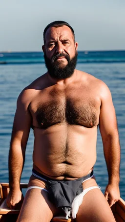 photography of a burly marocan fisherman sunbathing sitted in a fisher wooden boat, in little white french briefs, tattoo, manly chest, ugly, 54 years old, bullneck, white long beard, short hairs, muscular chubby, angry eyes, photorealistic, Canon EOS, 8k