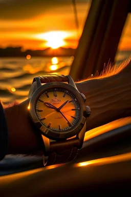 Create a picturesque image of a sailor enjoying a sunset sail, with the best sailing watch capturing the warm hues of the setting sun. Highlight both the watch and the serene beauty of the sailing environment.