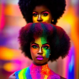 full body shot, masterpiece, best quality, family of three, dark skinned, sparkling eyes, fluorescent skin, colorful makeup, afro, highly detailed body, afrofuturism, scifi, sun light, 4K, RAW, depth of field, high contrast, realistic details, 24mm