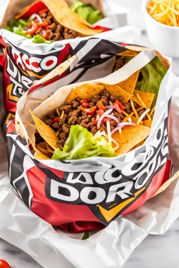 "Taco in a Bag" which consists of an open Doritos chip bag with sides rolled down, containing Doritos chips and cooked ground beef and lettuce and shredded cheese and chopped tomato pepper and onions and topped with more nacho chips, food blogger photography