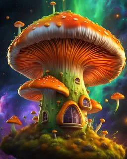 A weird floating island mushroom house in space. orange yellow green cosmic, deep space nebulas. Detailed gloss Painting, bright color, fantastical, intricate detail, splash screen, hyperdetailed, insane depth, concept art, 8k resolution, trending on Artstation, Unreal Engine 5, color depth, backlit, splash art, dramatic, High Quality Whimsical Fun Imaginative, good composition