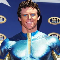 A superhero man with a sky blue spandex suit. He has a sky blue mask on, blue eyes, freckles, dimples, and curly dark brown hair. He's wearing gold boots and gold artist gloves with a white belt and has a gold M on his chest. His boots have small feathered wings on them, and his shoulders have shoulder pads. He is smiling