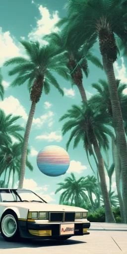 1980's aesthetic vaporwave palm trees with spheres and car