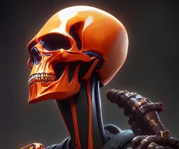 a clamp tool above gripping a skull, color metallic orange striped construction, robotic arm ending in clamps, Phyrexian background