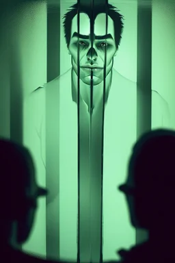 a man looking into a mirror and seeing a horrifying, abstract ghostly reflection