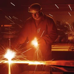 Imagen fotorrealista de un trabajador de fábrica en España, rodeados de chispas que salen de las máquinas, dramáticamente iluminadas por el resplandor ardiente de las chispas. La atmósfera es intensa pero laboriosa, con sombras proyectadas por la luz tenue que agregan profundidad. Los detalles clave incluyen las expresiones dinámicas en los rostros de los trabajadores, que reflejan concentración y determinación, dentro de un fondo industrial bullicioso, que muestra maquinaria y herramientas. La