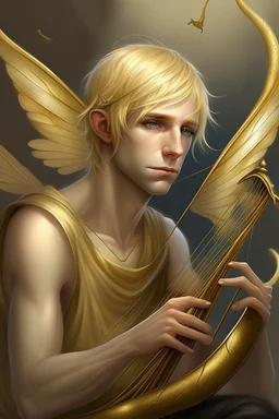 fee, männlich, libellen flügeln, hellblondes Haar, mittelalterliche Laute spielend, lange spitze Ohren, goldene Augen, realistisch