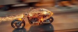 sparks flying, seen from above, tattoo style, motion blur, airbrush art, elon musk riding inside an awesome chopper trike spaceship in copper, fast one in the shape of a transparent snail , now its gonna do an awesome gig , bokeh like f/0.8, tilt-shift lens 8k, high detail, smooth render, down-light, unreal engine, prize winning