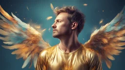 35-year-old man, sad angel, fine rendering, high detail, 8K, bright colors, HD photography, gold, flying feathers, double exposure