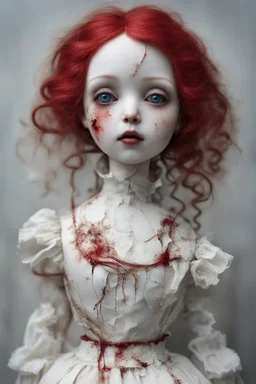 A hauntingly beautiful porcelain doll with small storms for eyes. Her skin is pale and cracked like porcelain. Her hair is red like wine with fire coming out. Her lips are sewn together except for one corner that is ripped and bleeding.