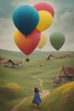 Carry a little girl home my trusted balloons, colorful, surrealism