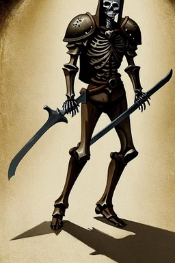 medieval knight walking dramatically forward, sword in hand. A skeleton on his back.