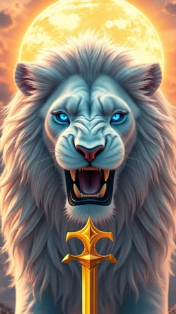 The face of a powerful white lion with roaring blue eyes and a large full sun behind her head and a golden sword in her hand in a beautiful and amazing view and psychedelic atmosphere.