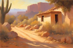 sunny day, rocks, mountains, countryside, dirt road, adobe house, sci-fi, friedrich eckenfelder and henry luyten impressionism paintings