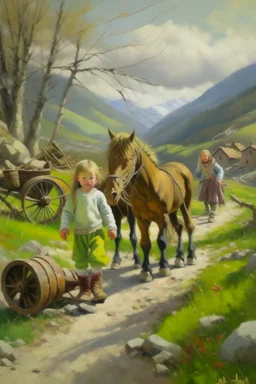 Spring in skåbu, sun, portrait of children walking in mountains, horse, broken old tractor, prize winning oil painting