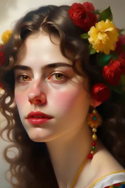 a portrait of a beautiful Spanish young woman: her hair is gold, her forehead is the Elysian Fields, her eyebrows rainbows, her eyes suns, her cheeks roses, her lips coral, pearls her teeth, alabaster her neck, marble her bosom, ivory her hands, her whiteness snow,