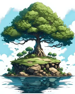 A digital illustration of a tree on a small island